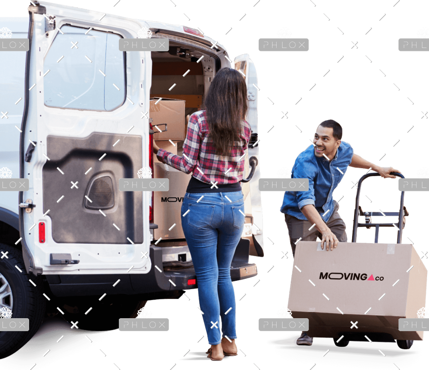 Two movers load cardboard boxes into a white moving van; a woman in a plaid shirt handles a box near the back, while a man with a dolly assists nearby.
