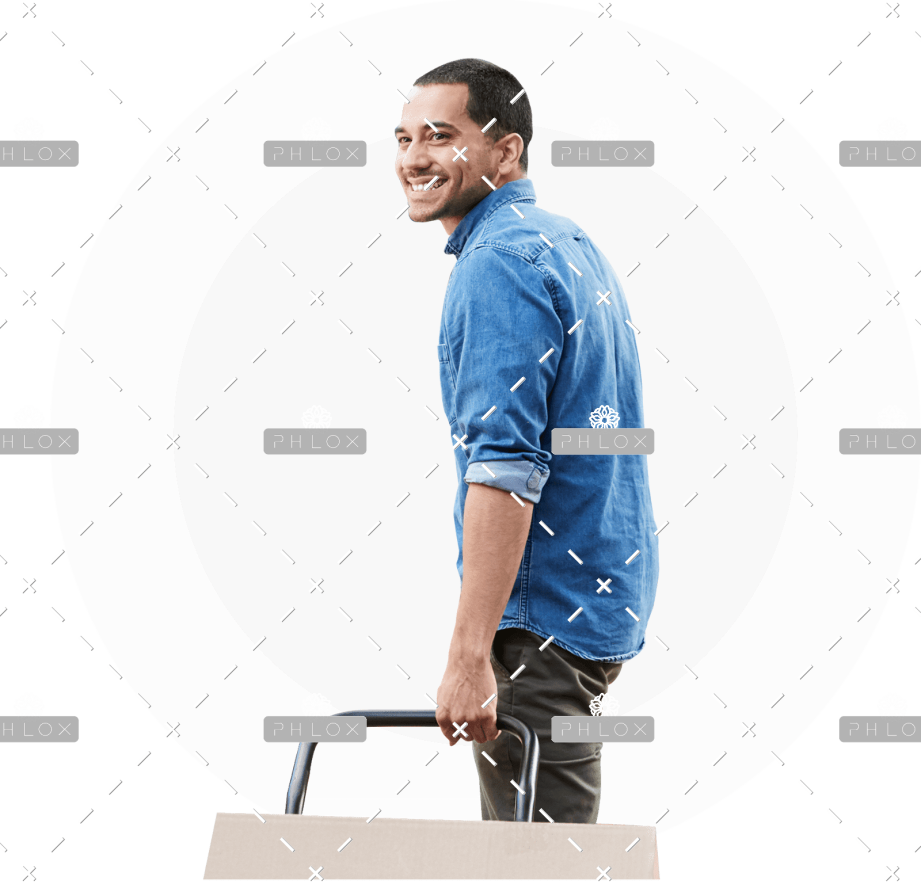 Smiling man in a blue denim shirt pushes a shopping cart against a white circular backdrop with PHLOX watermark.